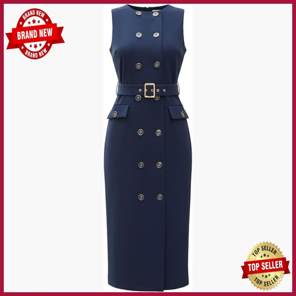 Sleeveless Double Breasted Pencil Work Dress with Belt, Polyester Spandex Blend